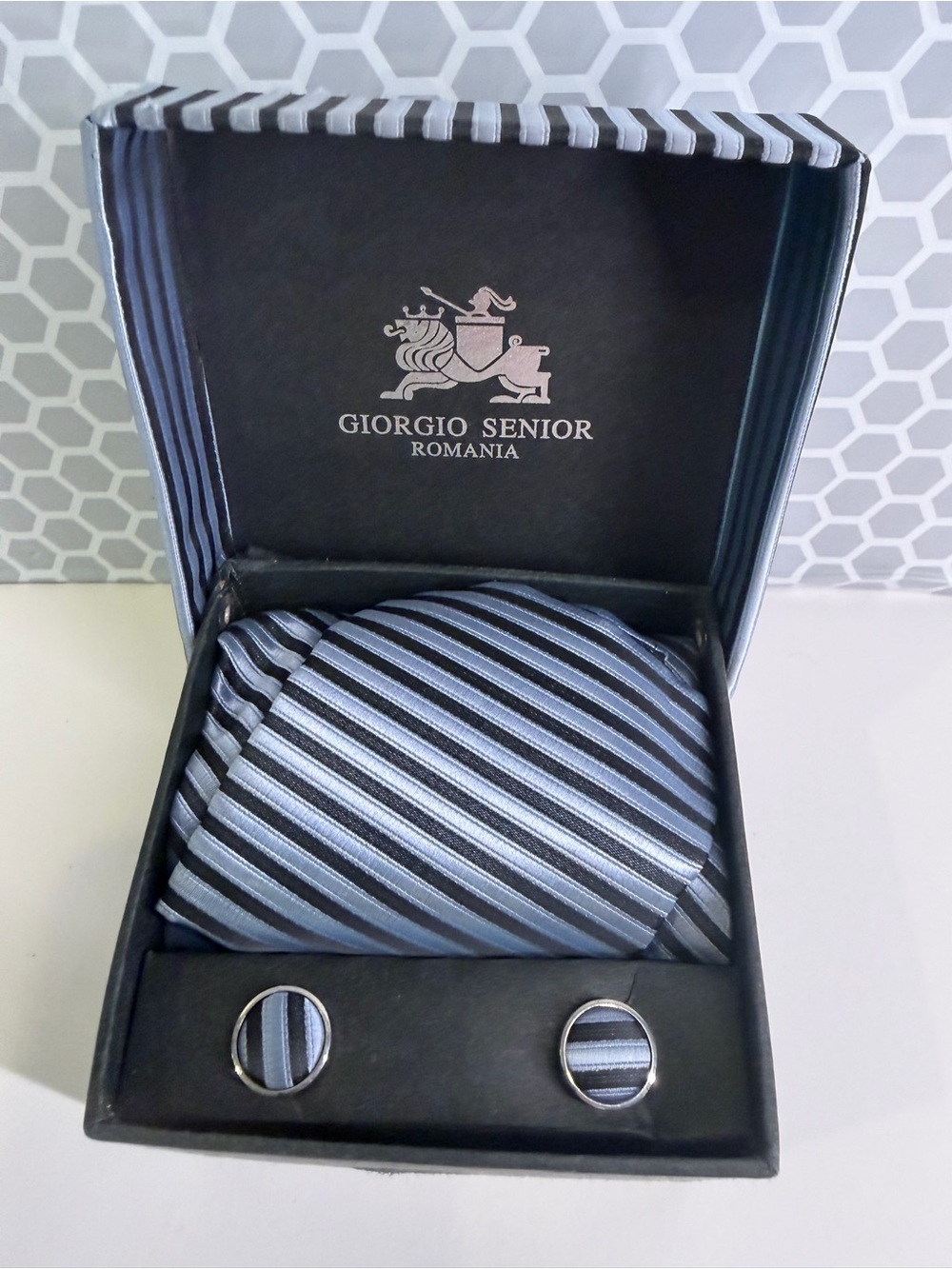 Giorgio Senior Men's Striped Blue Tie pocket square and Cufflink Set